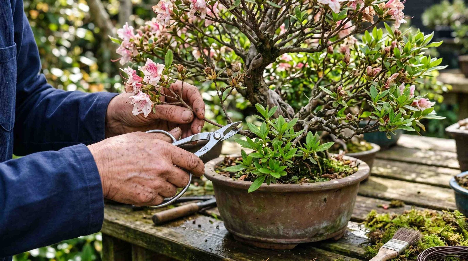 Hands pruning azalea bonsai branches immediately after flowering ends