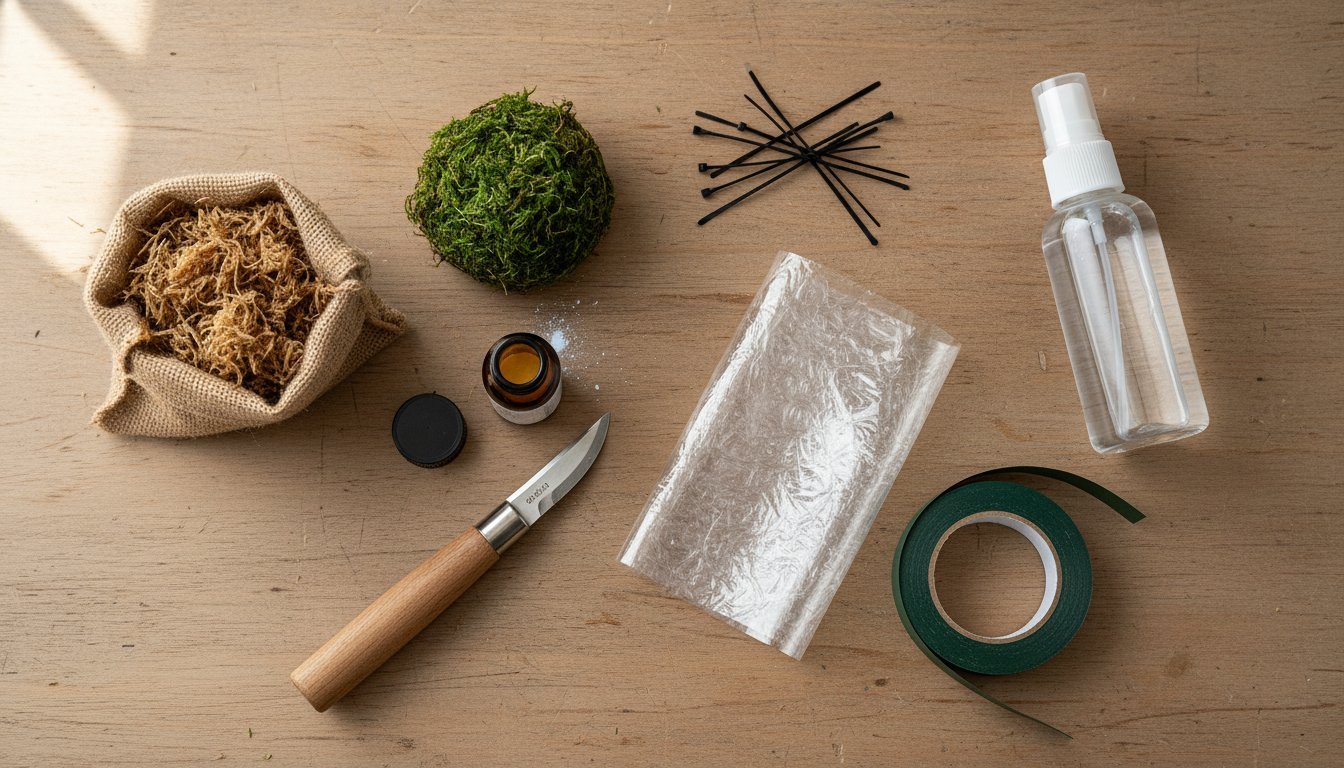 Bonsai Air Layering Supplies and Materials Bonsai air layering materials laid out on a workbench - sphagnum moss, rooting hormone, grafting knife, plastic wrap, and twist ties