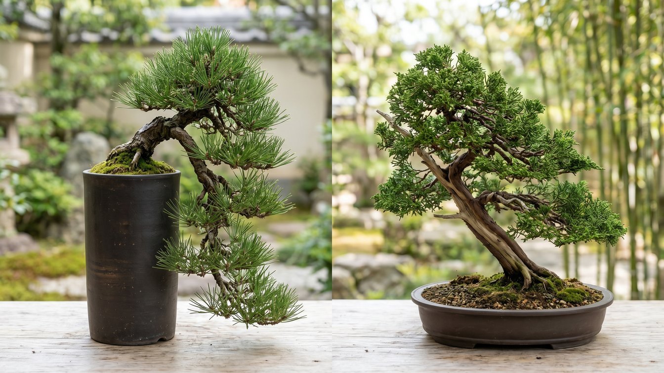 Side-by-side comparison of cascade bonsai style (Kengai) with trunk falling below pot rim versus windswept bonsai (Fukinagashi) with all branches swept to one side