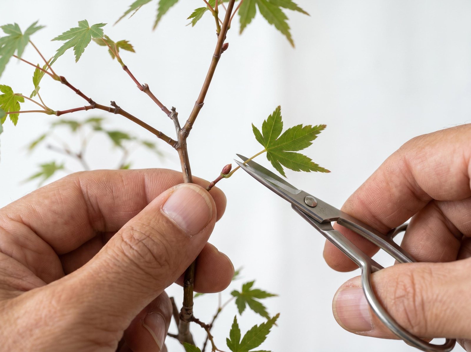 Close-up of hands using bonsai scissors to cut a leaf at the petiole, leaving the bud intact on the branch