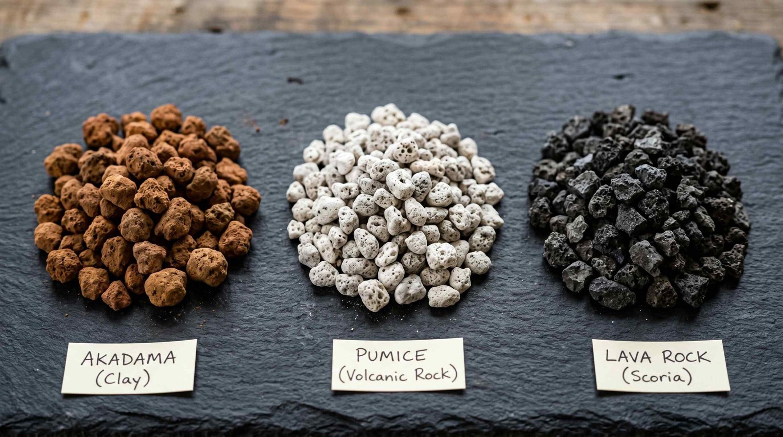 Inorganic bonsai soil components: akadama (red-brown), pumice (white-grey), and lava rock (dark grey) arranged in three piles