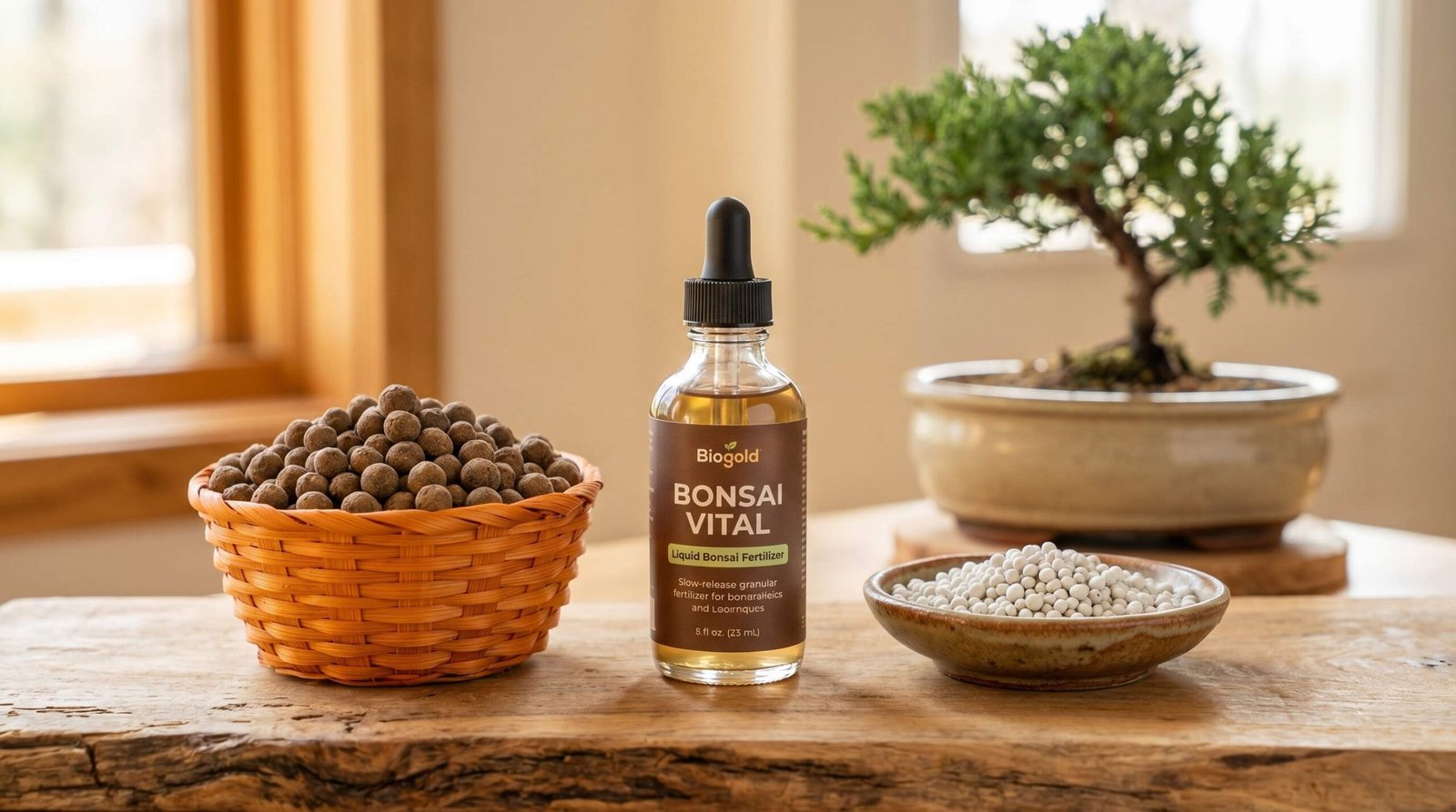 Three types of bonsai fertilizer: organic Biogold pellets, liquid fertilizer, and slow-release granules on a wooden surface