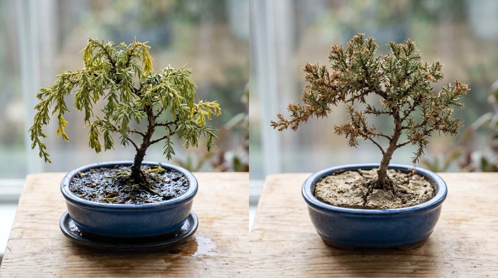 Side-by-side comparison of an overwatered bonsai with yellowing drooping leaves and soggy soil versus an underwatered bonsai with crispy brown leaf edges and dry soil