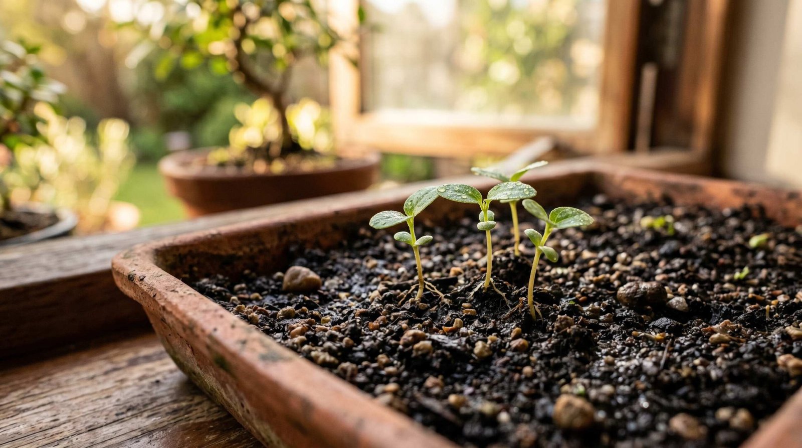 Tiny bonsai seedlings sprouting from dark moist soil in a terracotta seedling tray, small green shoots just emerging with first leaves unfurling