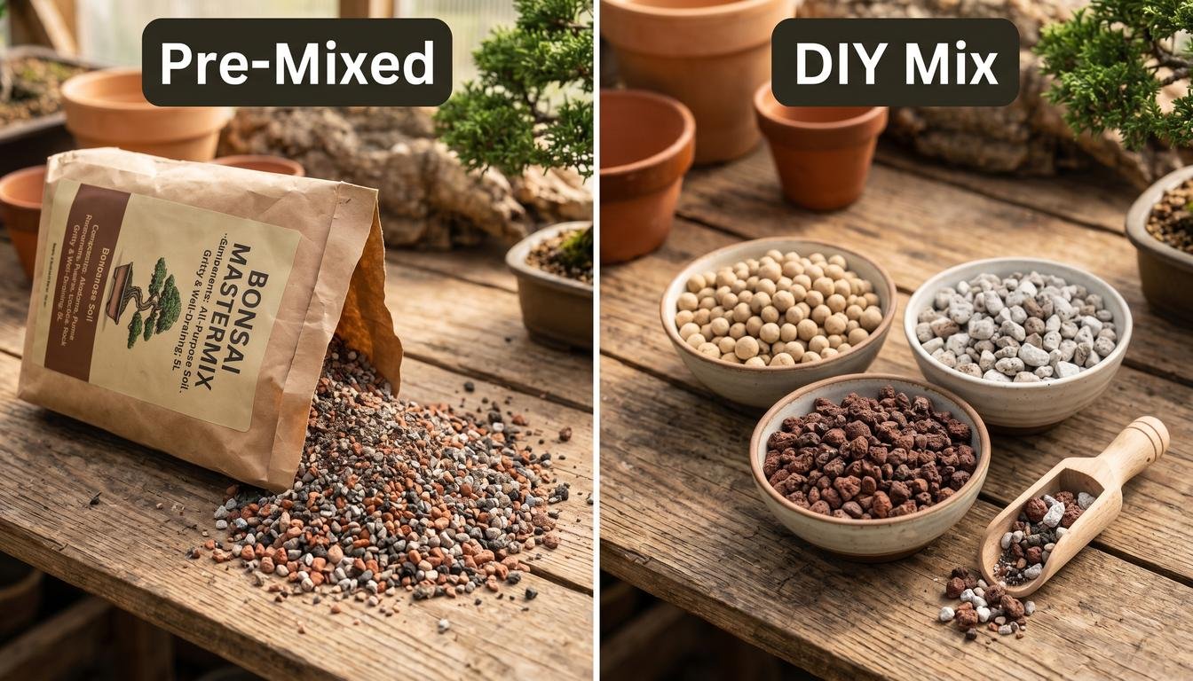 Side-by-side comparison of pre-mixed bonsai soil in a bag versus DIY bonsai soil components: akadama, pumice, and lava rock in separate bowls