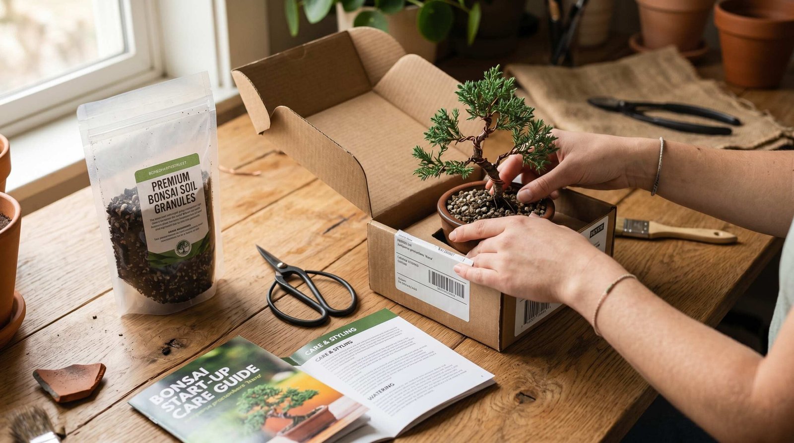 Beginner unboxing a live bonsai starter kit on a wood table, showing the juniper tree, bonsai soil, pruning shears, and care guide included in the kit