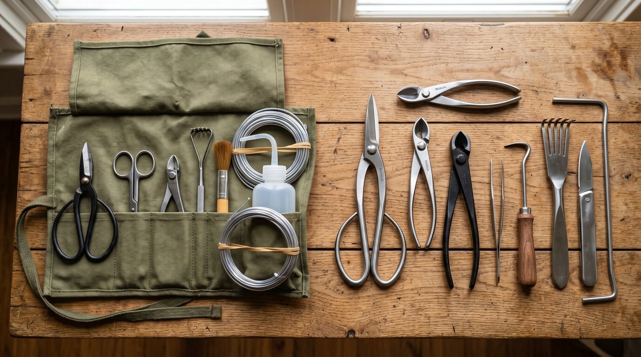 Budget bonsai tool kit in a canvas roll case on the left versus premium individual stainless steel tools on the right
