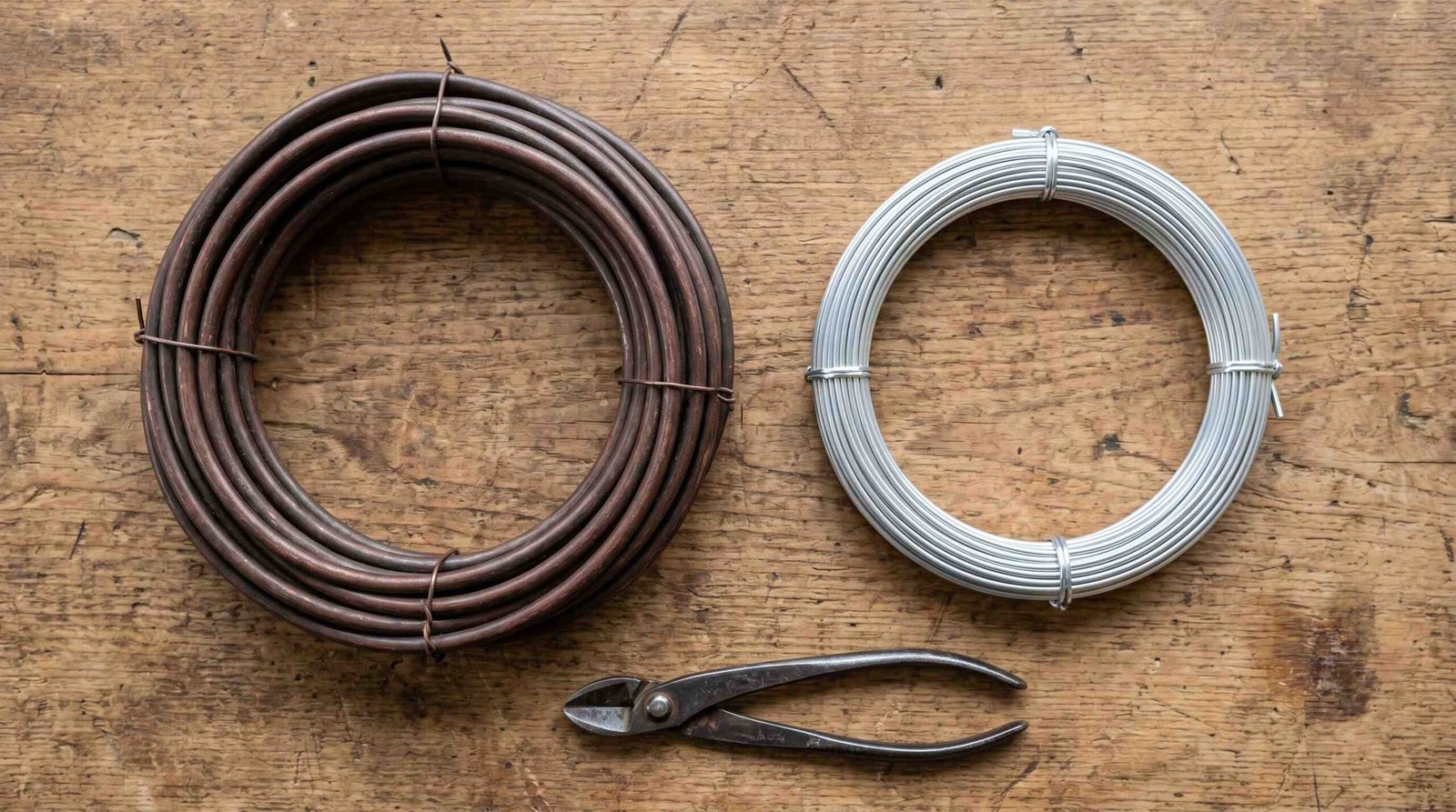 Copper bonsai wire coil compared to aluminum bonsai wire coil side by side Copper bonsai wire coil compared to aluminum bonsai wire coil side by side