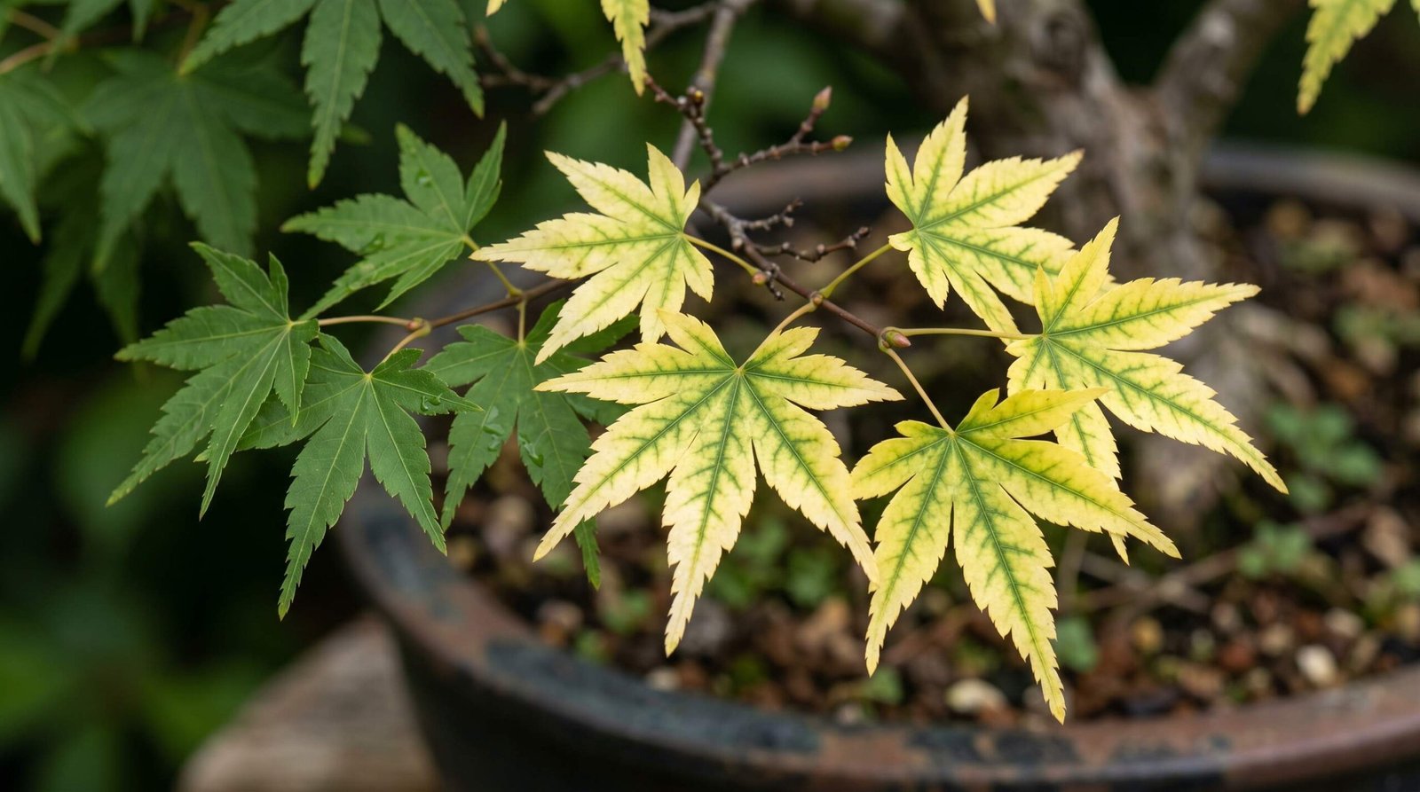 Close-up of bonsai leaves showing yellowing symptoms including pale yellow color and green veins