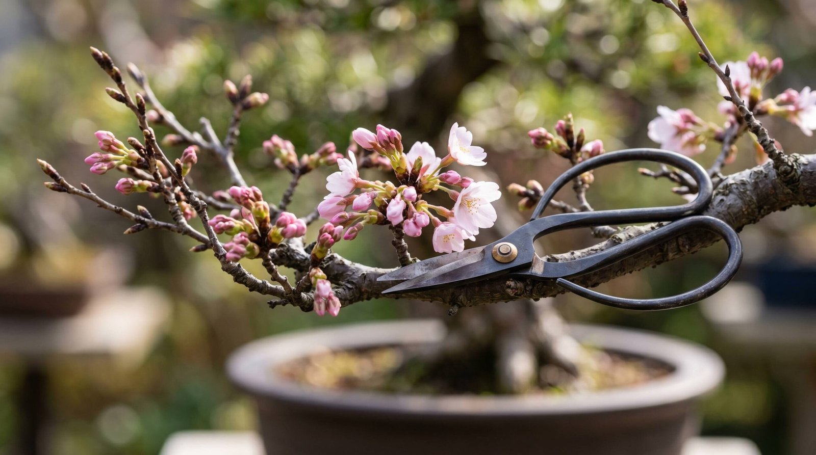 Cherry blossom bonsai showing bare branches in winter dormancy on left, same tree in full spring bloom on right