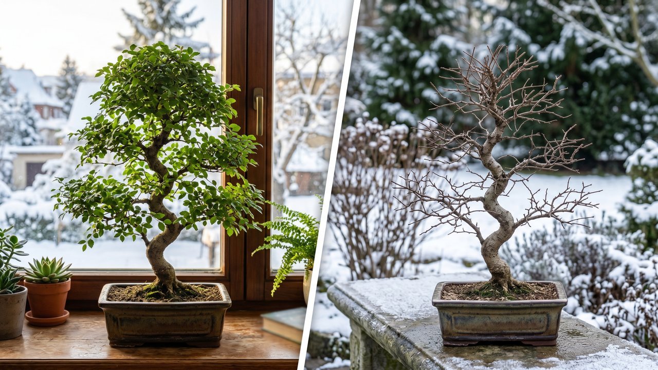 Side-by-side comparison showing Chinese elm bonsai with full green leaves when kept indoors in winter, and bare leafless branches when grown outdoors in the same winter season