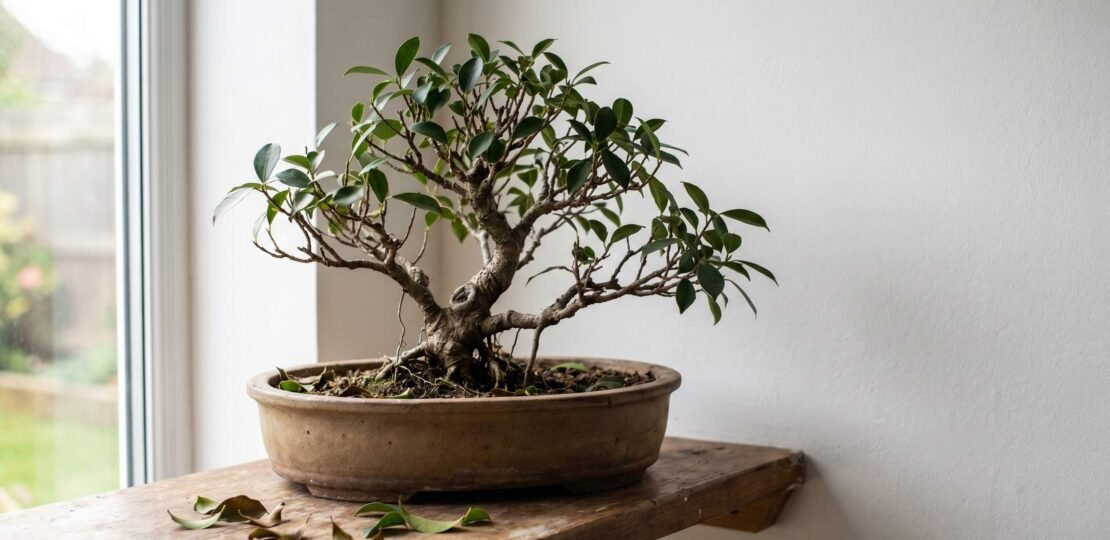 Ficus bonsai with dropped leaves showing stress response