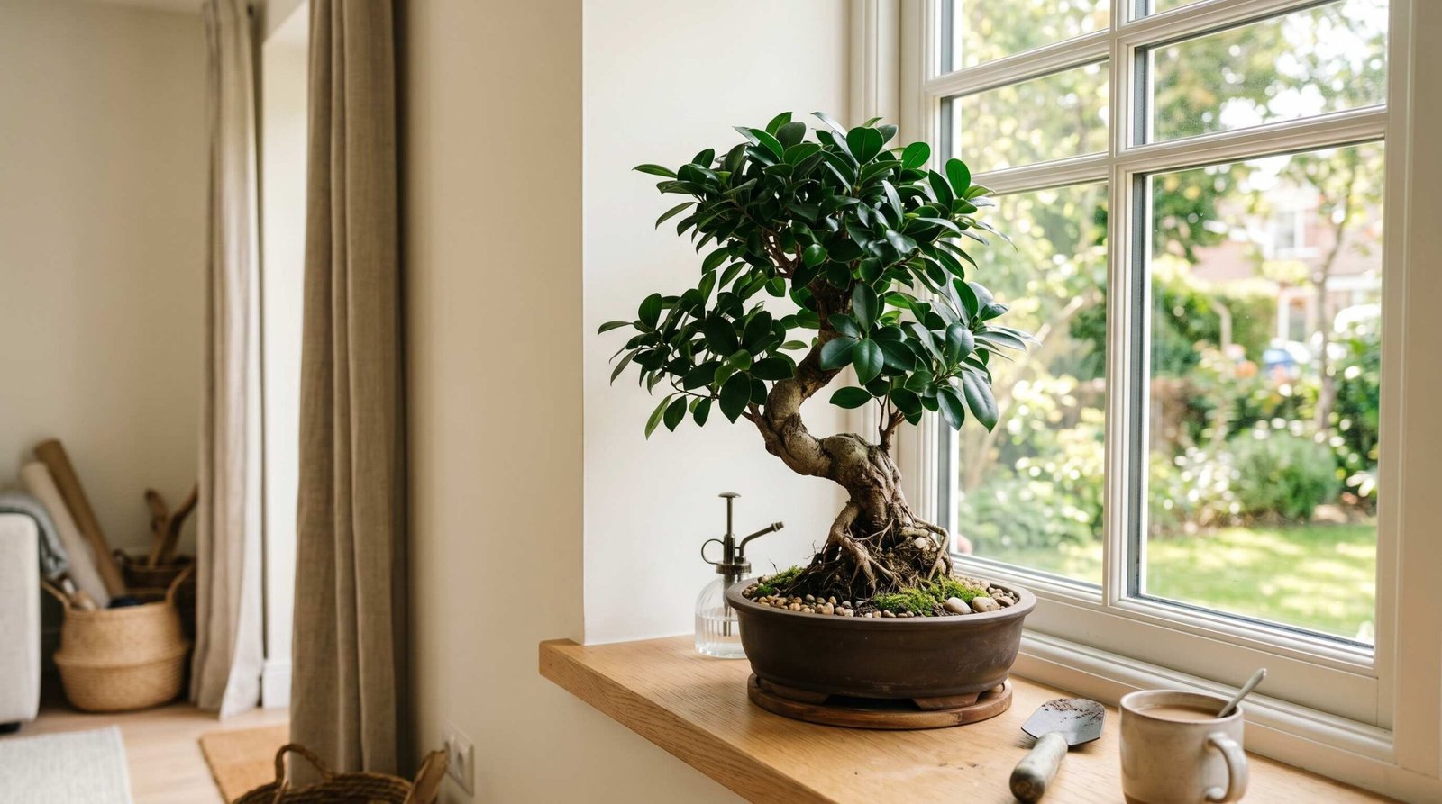 Healthy Ficus retusa bonsai with dense glossy green leaves on a windowsill with bright indirect natural light