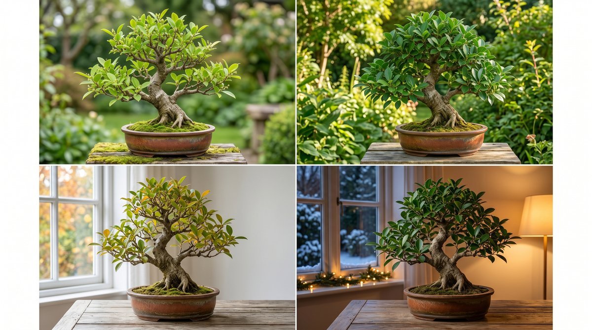 Ficus bonsai seasonal care visual guide showing spring through winter care stages