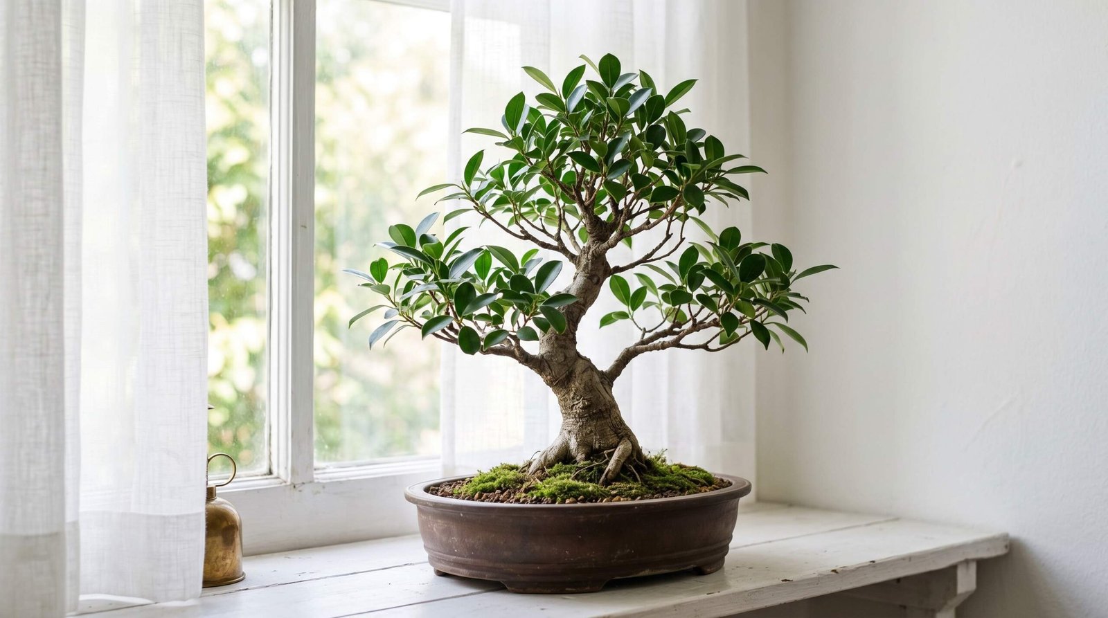 Ficus retusa bonsai tree on a bright indoor windowsill, the most popular beginner indoor bonsai species