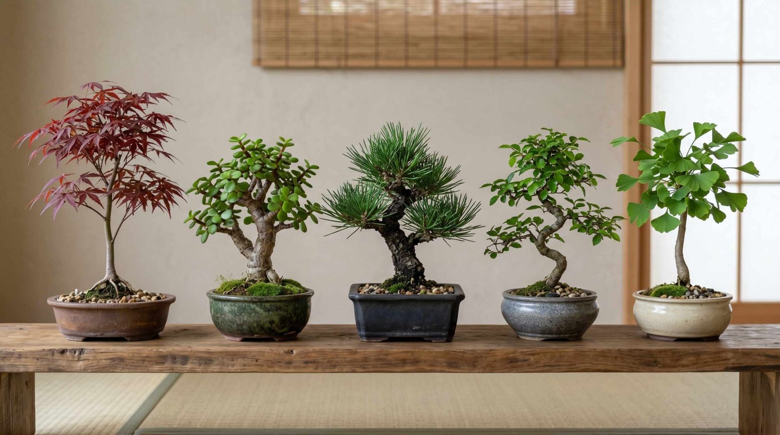 Collection of five different indoor bonsai species displayed on a wooden shelf