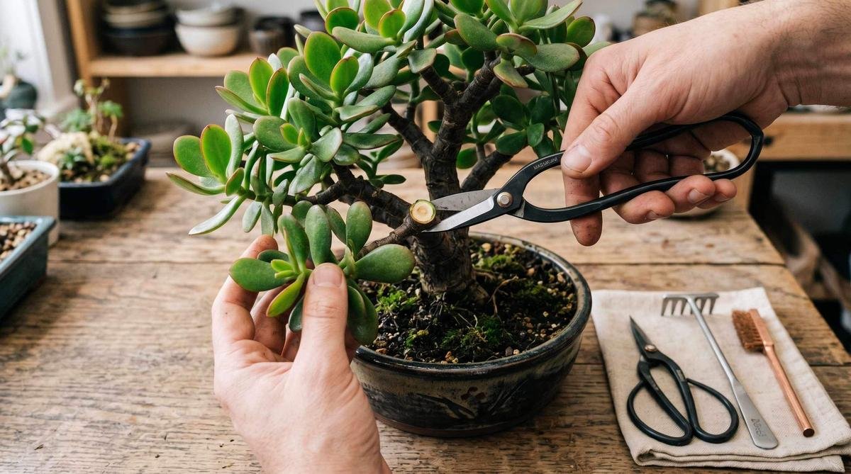 Jade bonsai pruning and shaping technique Jade bonsai pruning technique showing correct cut placement above leaf node