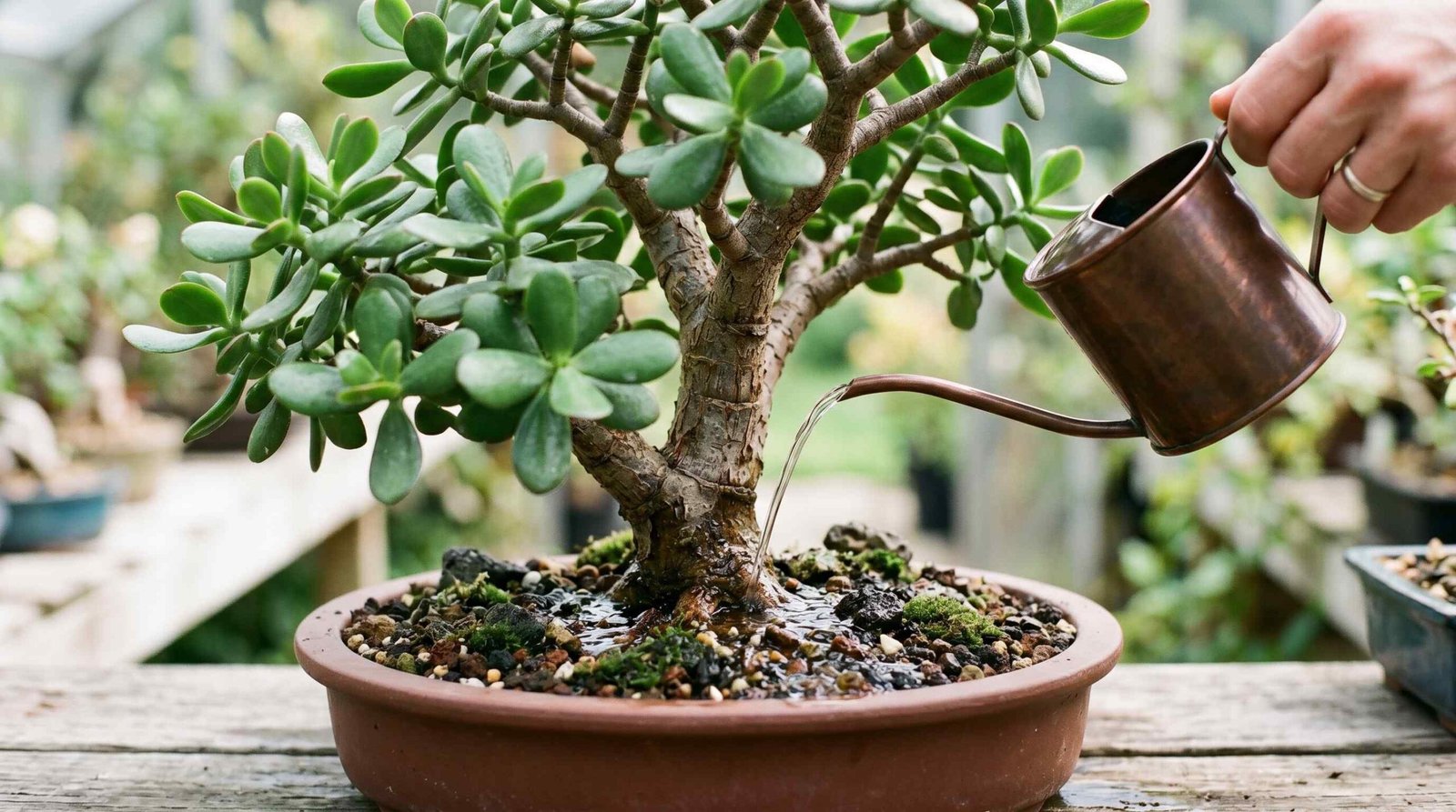 Jade bonsai watering and soil technique Jade bonsai watering technique and well-draining soil mix in bonsai pot