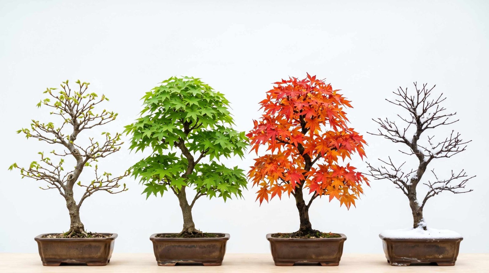 Four Japanese maple bonsai showing seasonal progression: spring budding, summer green, autumn red, winter bare branches