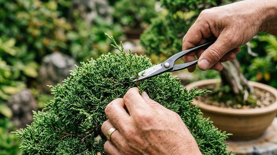 Pruning a juniper bonsai with sharp bonsai scissors to shape foliage pads