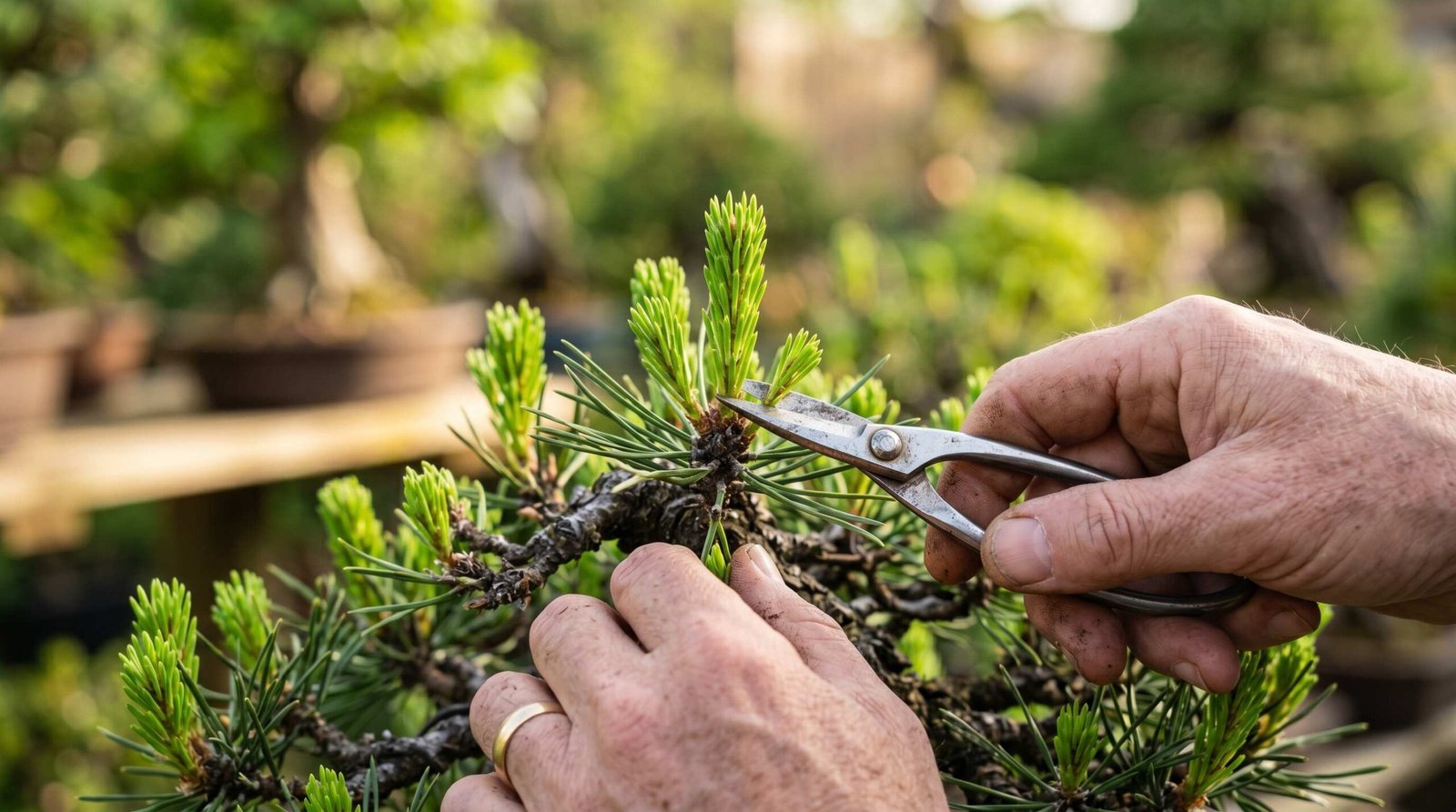 Hands using bonsai scissors to pinch back the strongest central candle on a Japanese Black Pine bonsai in spring