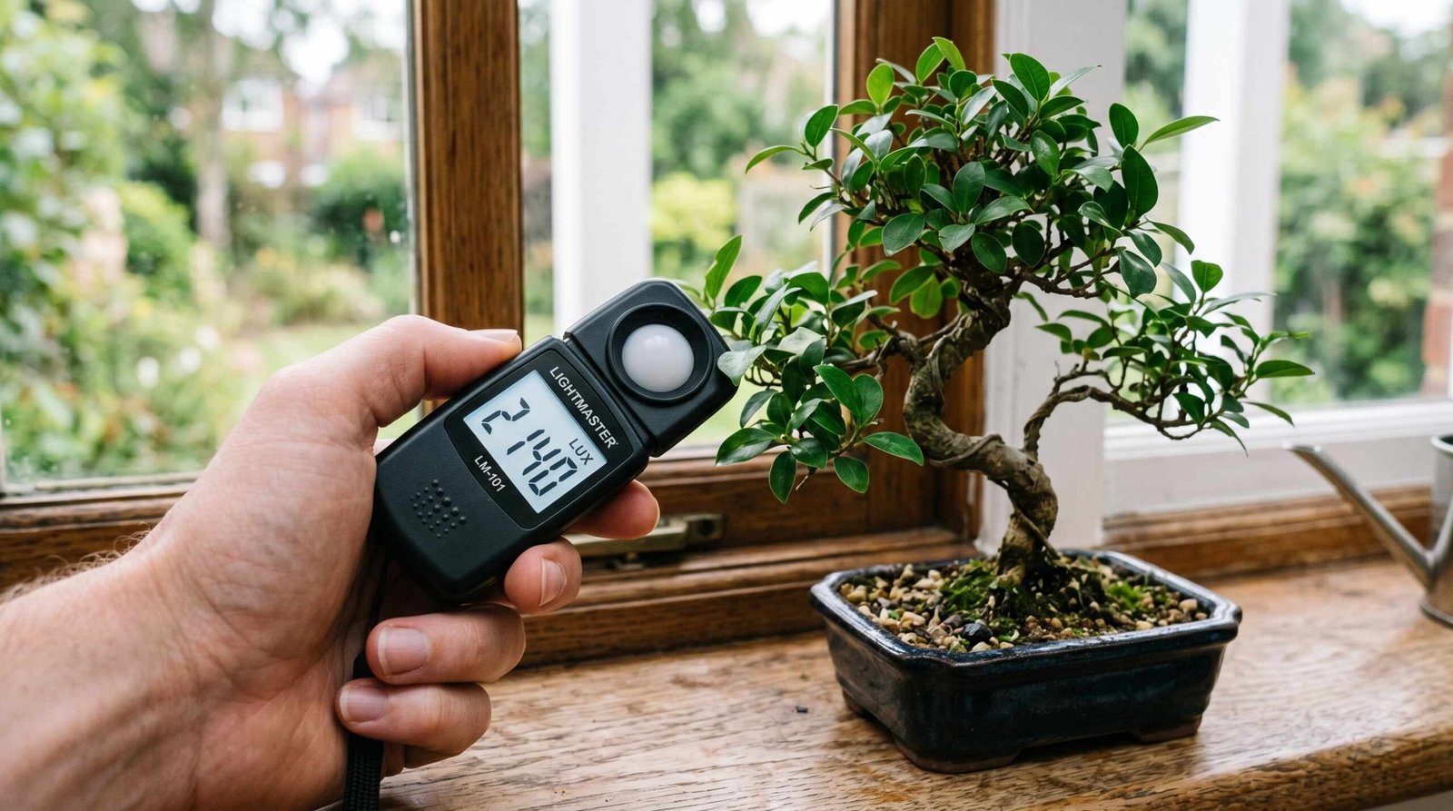 Person using a digital lux meter to measure light levels near an indoor bonsai tree on a windowsill