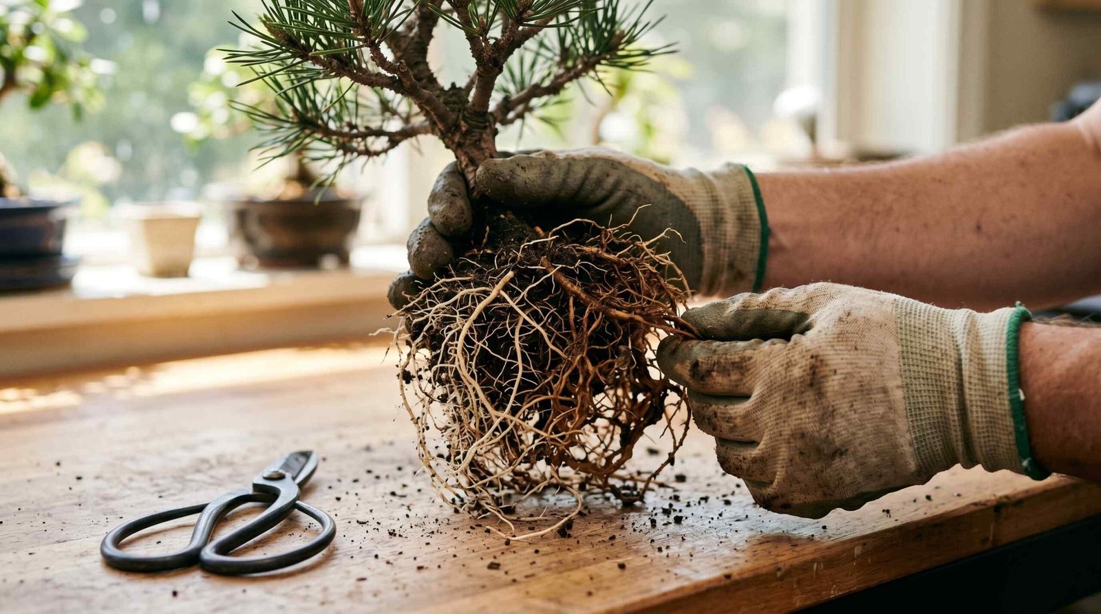 Hands inspecting bonsai tree roots during emergency repotting, showing healthy white roots alongside dark mushy roots damaged by root rot