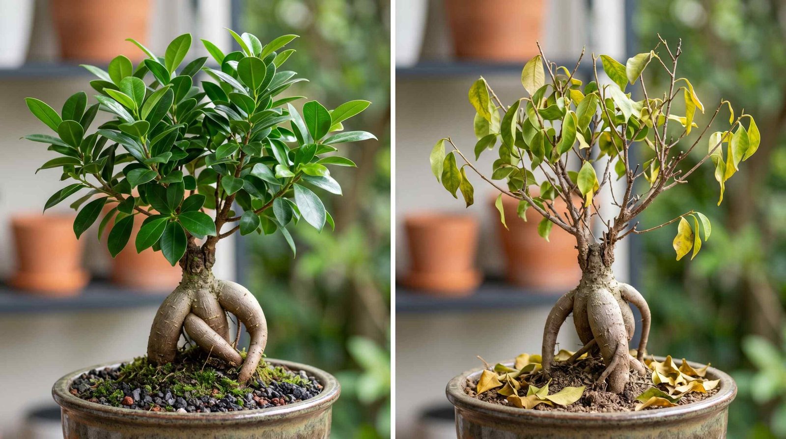 Comparison of healthy ginseng ficus bonsai with bright green leaves on left versus stressed tree with yellow drooping leaves on right