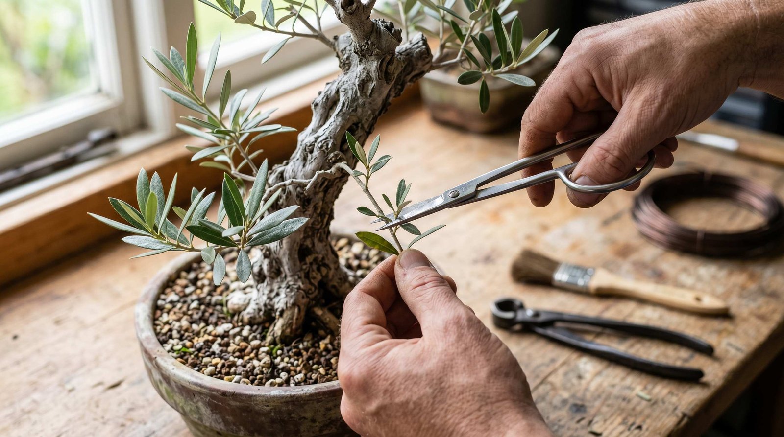 Hands using bonsai scissors to prune olive bonsai branches on a wooden workbench with pruning tools nearby