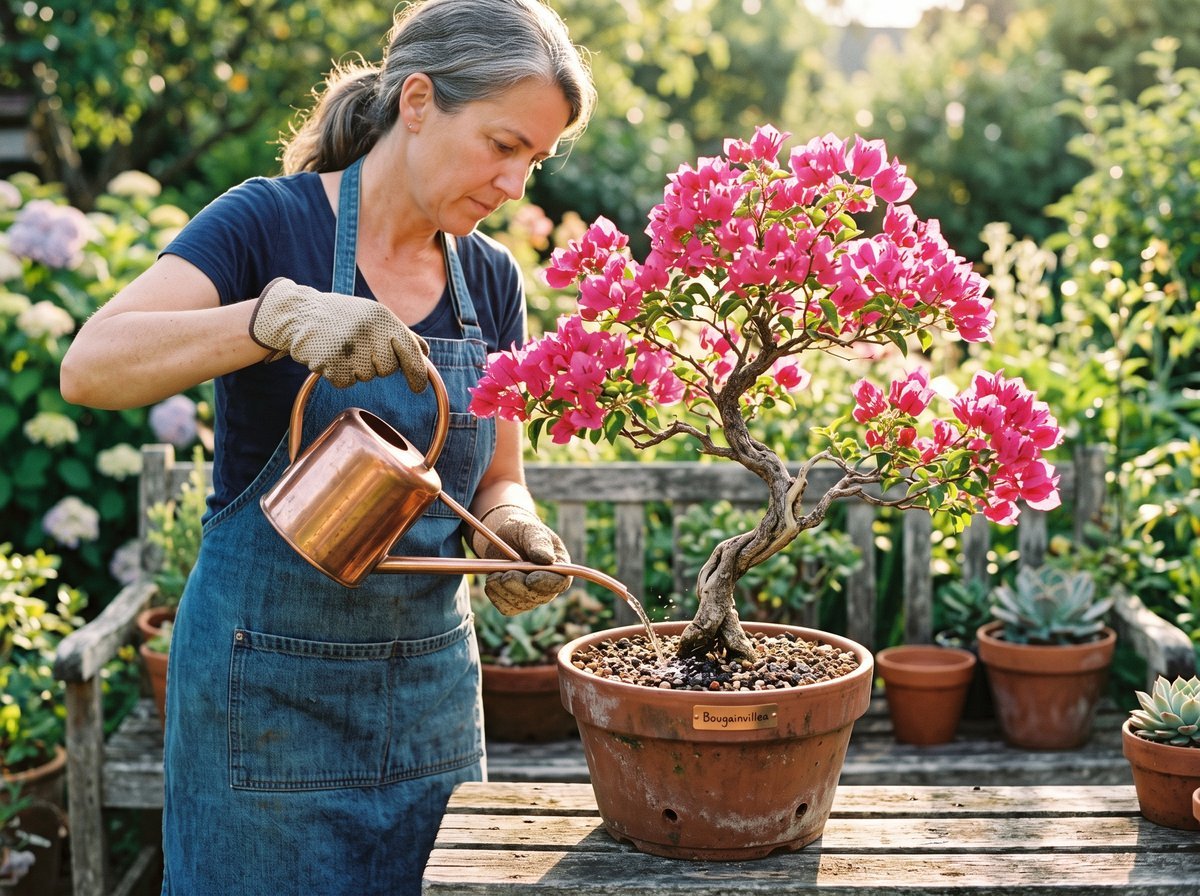 Person watering a bougainvillea bonsai tree in terracotta pot using a long-neck watering can outdoors in full sun