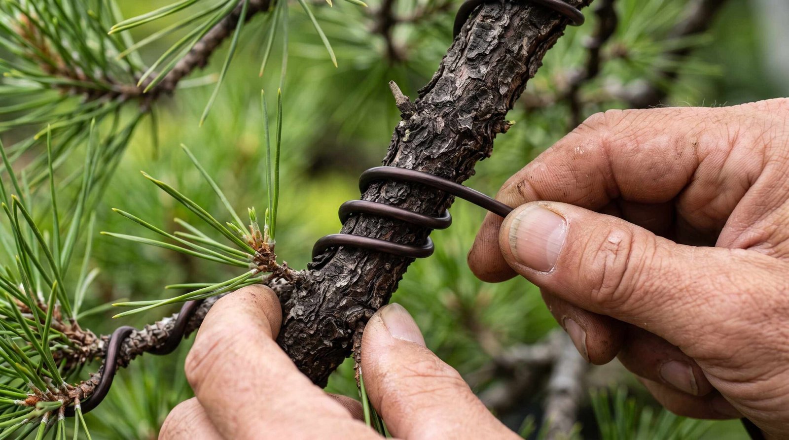 Hands wrapping dark brown aluminum bonsai wire at a 45-degree angle around a pine branch for training